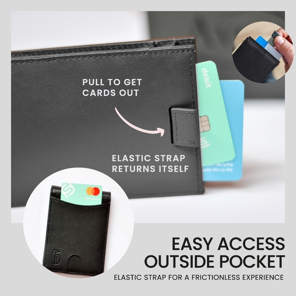 Black leather wallet with money clip and pull strap. New. - Picture 3 of 6